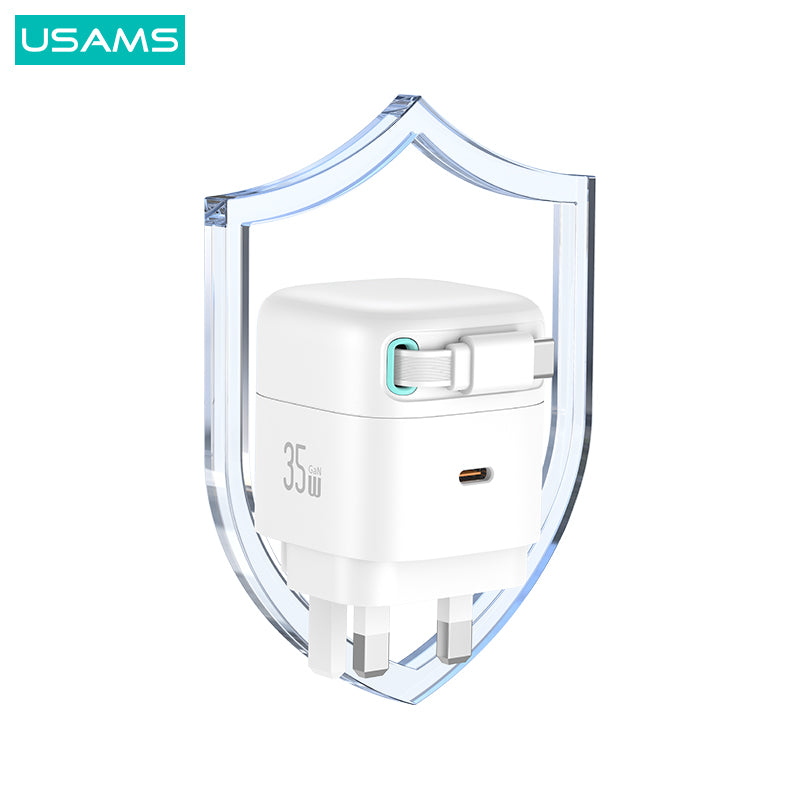 USAMS US-CC204 XMF Series PD 35W Dual Output GaN Fast Charger with Type-C Magnetic Retractable Cable Module, UK Plug USAMS US-CC204 XMF Series PD 35W Dual Output GaN Fast Charger with Type-C Magnetic Retractable Cable Module, UK Plug